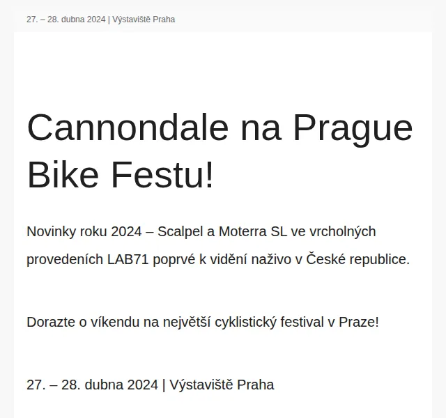 Cannondale: Prague Bike Fest s novinkami 2024 – červen 2026 | Nuslet.cz