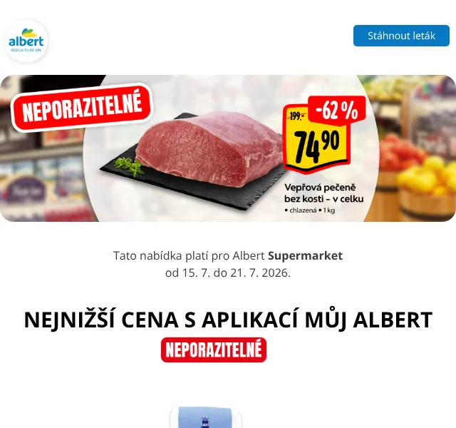 Albert: Vepřová pečeně 74,90 Kč/kg, Mozartovy koule – červenec 2026