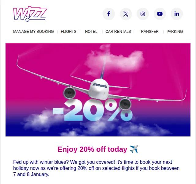 Wizz Air: Sleva 20 % na letenky – leden 2026 | Nuslet.cz