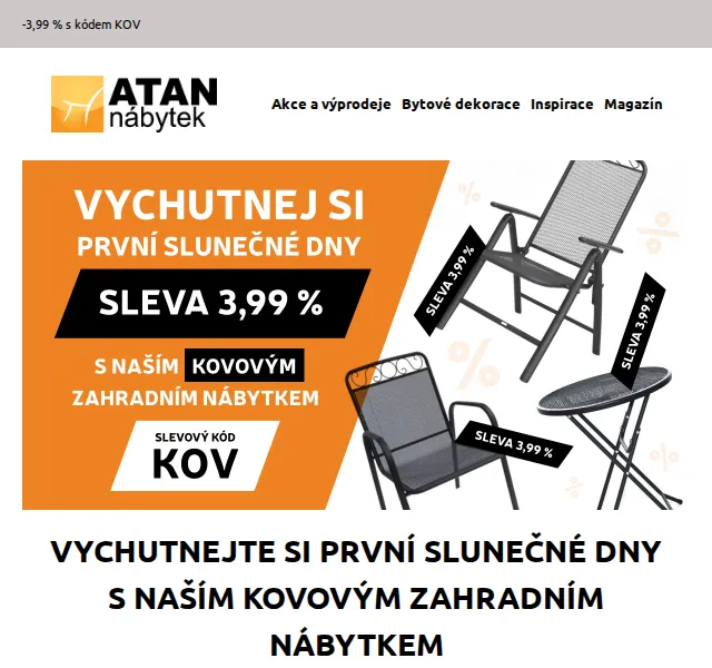 ATAN nábytek: sleva 3,99 % na kovový zahradní nábytek – červen 2026 | Nuslet.cz