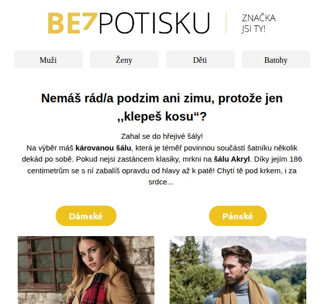 BezPotisku: Šály pro muže i ženy – červen 2026 | Nuslet.cz
