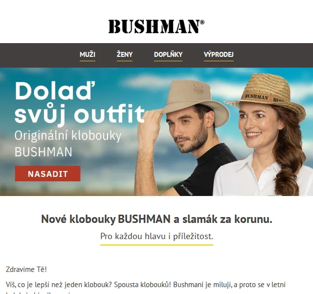 BUSHMAN: nové klobouky a slamák za 1 Kč – červen 2026 | Nuslet.cz