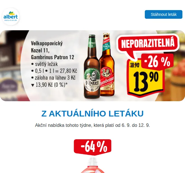 Albert: Kozel 11 za 13,90 Kč a slevy až 48 % – červenec 2026 | Nuslet.cz