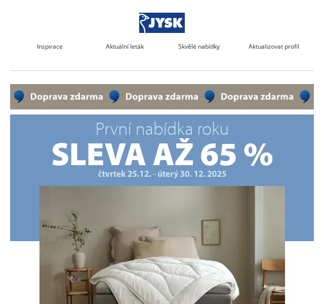 JYSK: Slevy až 65 % a doprava zdarma nad 8 000 Kč – červen 2026 | Nuslet.cz