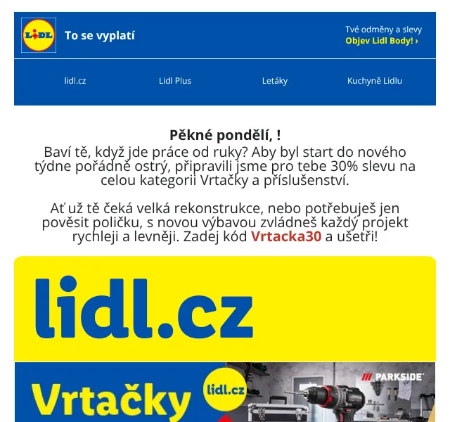 Lidl: slevový kód na vrtačky –30 % – září 2026
