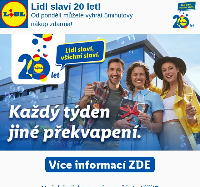 Lidl: 20 let – vyhrajte 5minutový nákup zdarma – červen 2026 | Nuslet.cz