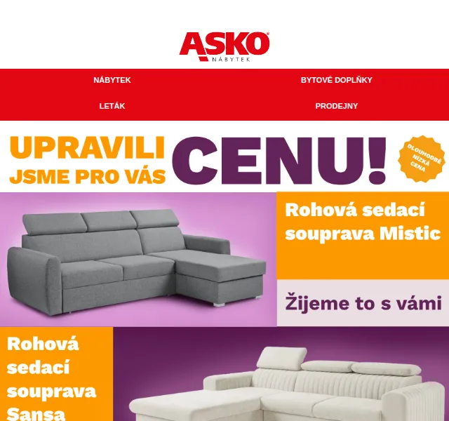 Asko Nábytek: rohové sedačky od 16 999 Kč – září 2026