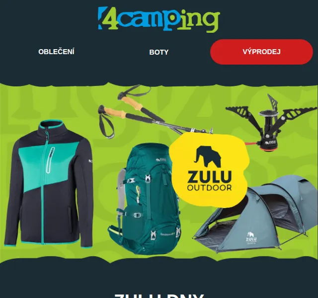 4camping.cz: Dny Zulu – 100 % produktů Zulu zlevněno – červen 2026 | Nuslet.cz