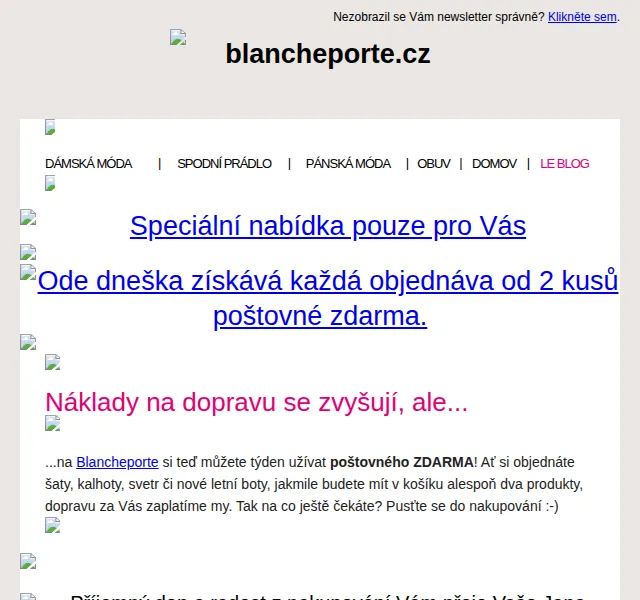 Blancheporte: Poštovné zdarma při nákupu od 2 kusů – červen 2026 | Nuslet.cz