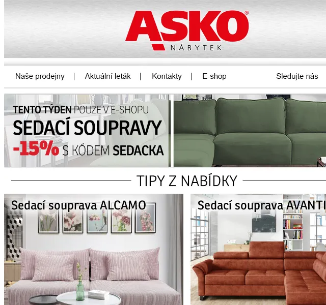 Asko Nábytek: Moderní sedačky s 15% slevou – červen 2026 | Nuslet.cz