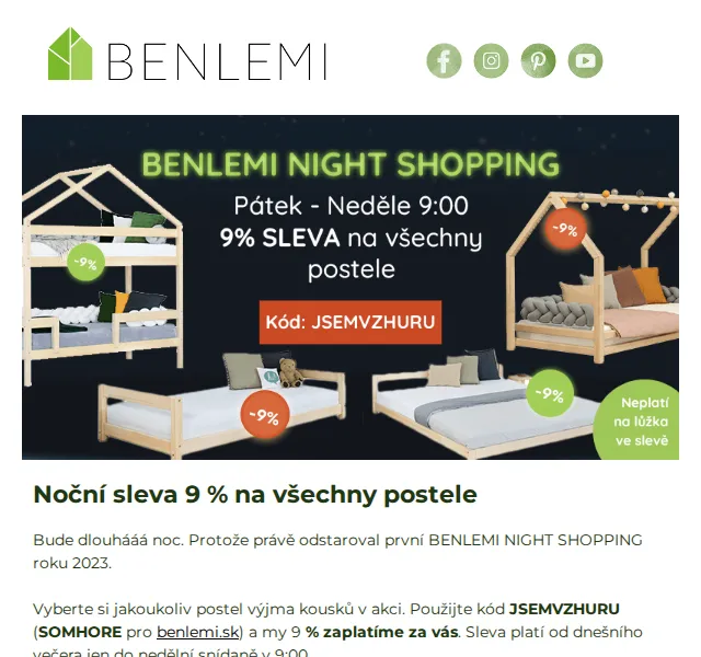 Benlemi: Noční sleva 9 % na všechny postele – červen 2026 | Nuslet.cz