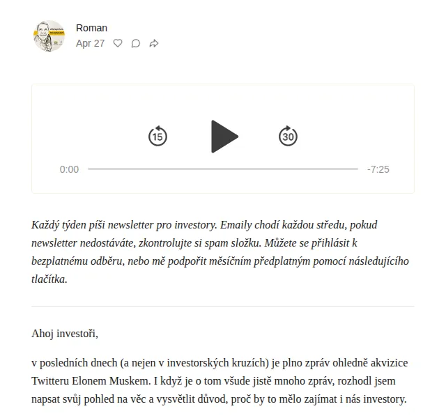 Substack: Investiční analýza Musk vs. Twitter – červen 2026 | Nuslet.cz