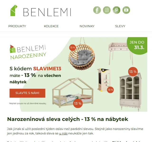 Benlemi: Narozeninová sleva 13 % na nábytek – červen 2026 | Nuslet.cz