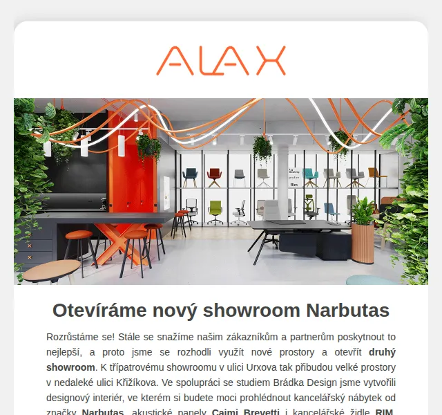ALAX nábytek: nový showroom Narbutas Praha – červen 2026 | Nuslet.cz