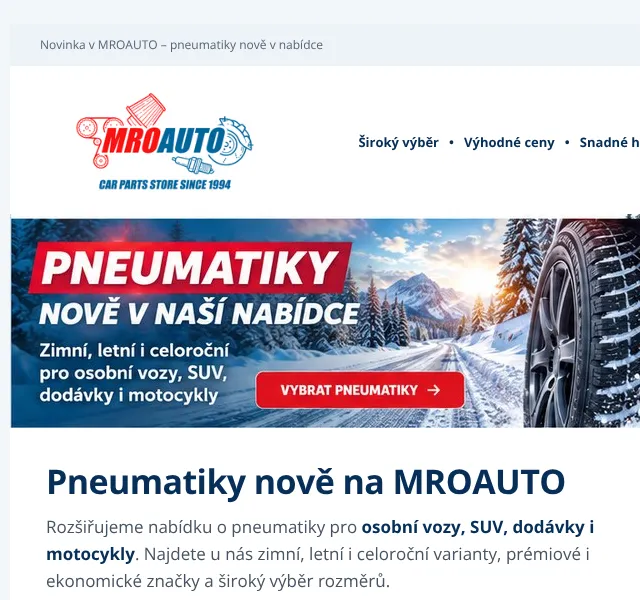 MROAUTO: Pneumatiky zimní, letní i celoroční – říjen 2026