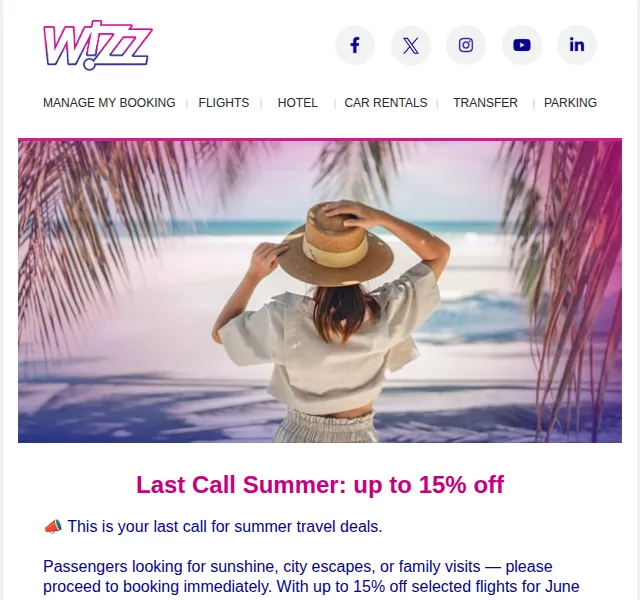 Wizz Air: Last Call Summer – sleva až 15 % na letenky – červen 2026 | Nuslet.cz