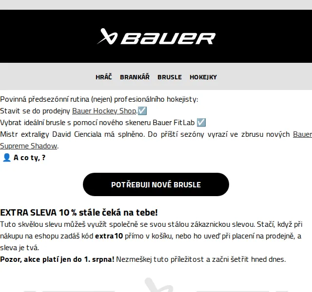 Bauer Hockey Česko: sleva 10 % na brusle – červen 2026 | Nuslet.cz