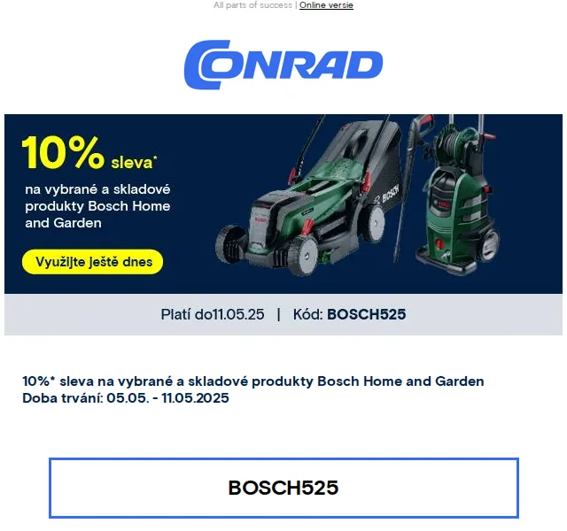 Conrad Electronic: 10% sleva na Bosch Home and Garden – červenec 2026 | Nuslet.cz