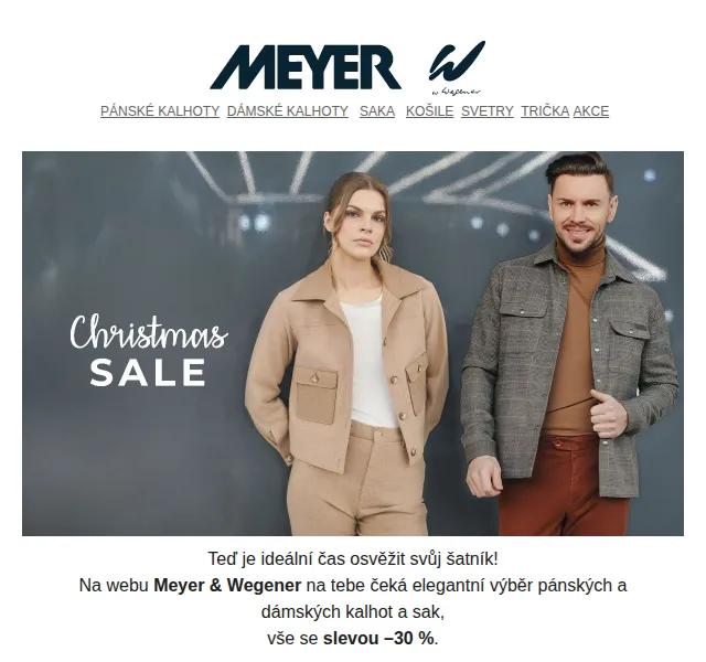 Meyer Wegener: –30 % sleva na pánské a dámské kalhoty a saka – červen 2026 | Nuslet.cz
