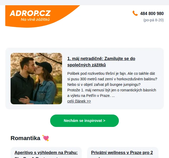 Adrop: zážitkové dárky k 1. máji – od 399 Kč – červenec 2026 | Nuslet.cz
