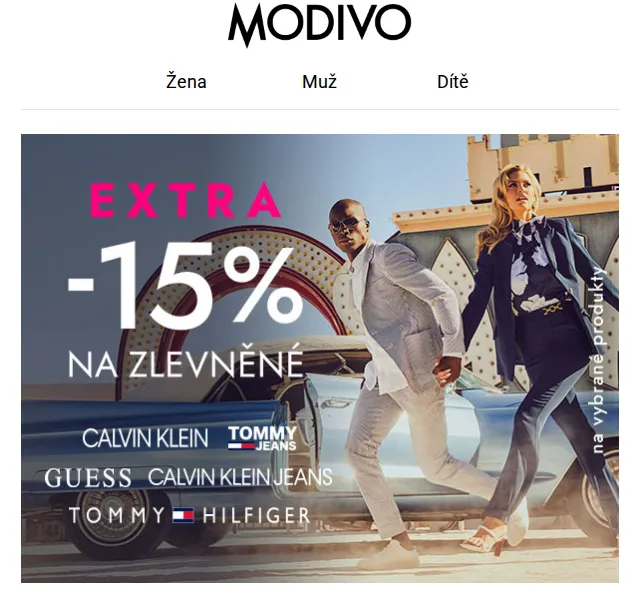 Modivo: Extra -15% na Guess, Tommy Hilfiger, CK – červen 2026 | Nuslet.cz