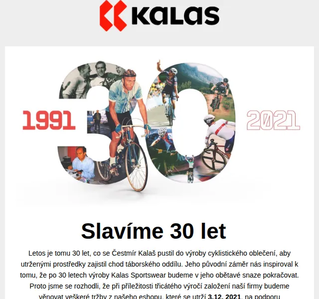 KALAS Sportswear: Slavíme 30 let – prodej na podporu mládežnické cyklistiky – prosinec 2021 | Nuslet.cz