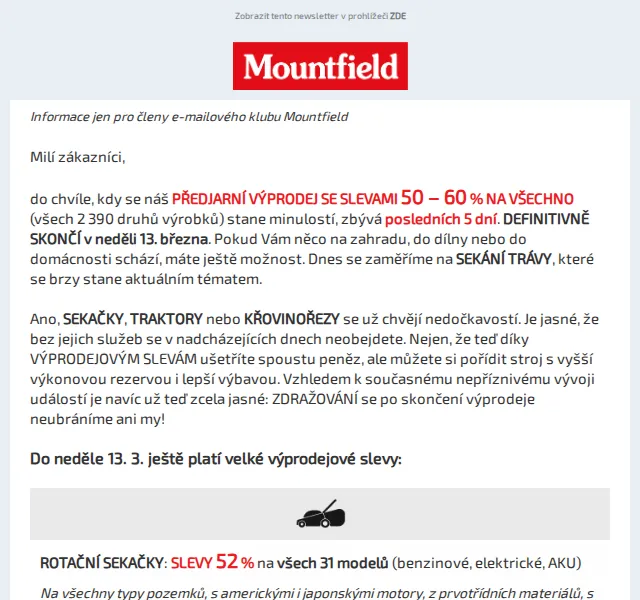 Mountfield: Slevy 50–60 % na sekačky a traktory – březen 2026 | Nuslet.cz