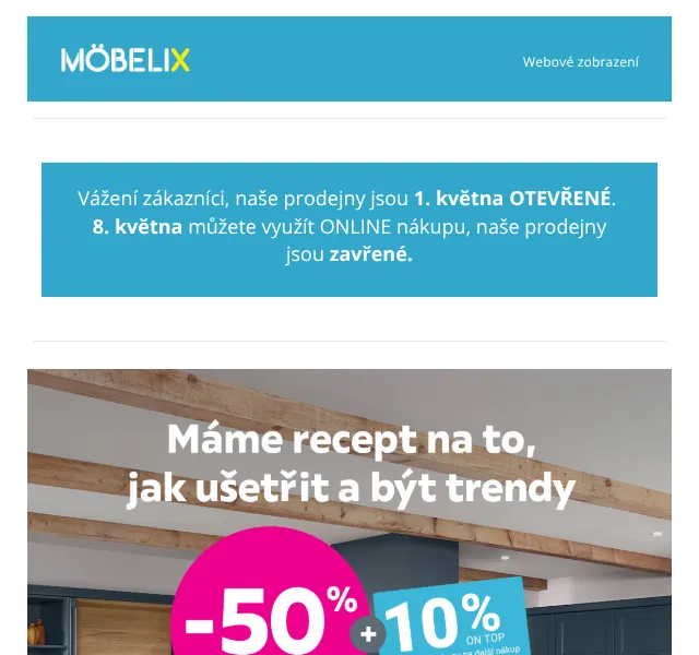 Möbelix: Kuchyně -50 % + 10 % voucher – květen 2026