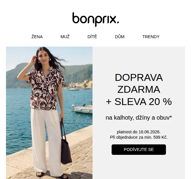 Bonprix: 20 % sleva na kalhoty, džíny a obuv – červen 2026