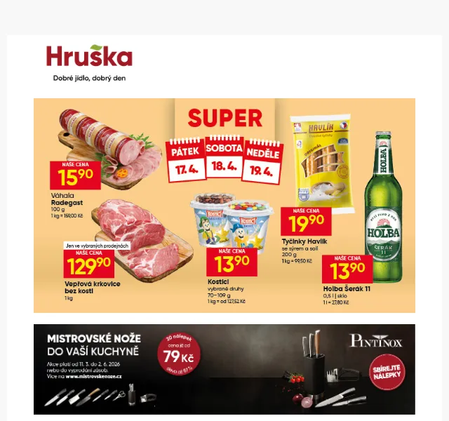 Hruška: Kostíci 13,90 Kč, Mattoni 16,90 Kč – Duben 2026 | Nuslet.cz