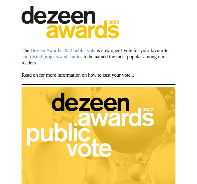 Dezeen Daily: Hlasujte pro vítěze Dezeen Awards 2022 – červen 2026 | Nuslet.cz