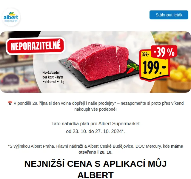 Albert: Hovězí zadní 199 Kč/kg a další slevy – červen 2026 | Nuslet.cz