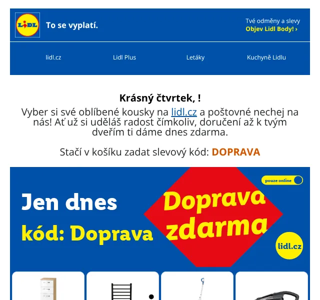 Lidl: Doprava zdarma – kód DOPRAVA – září 2026
