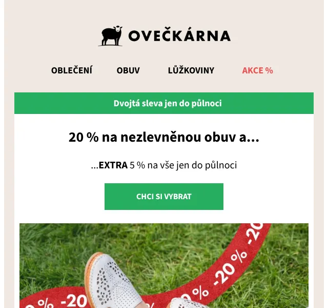 Ovečkárna: 20 % sleva na obuv + EXTRA 5 % – květen 2026