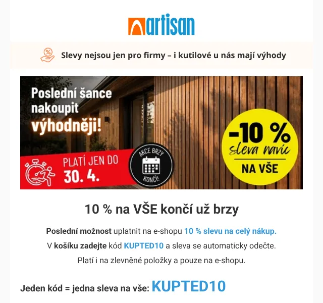 Artisan.cz: 10 % sleva na dřevo a stavební materiály – duben 2026