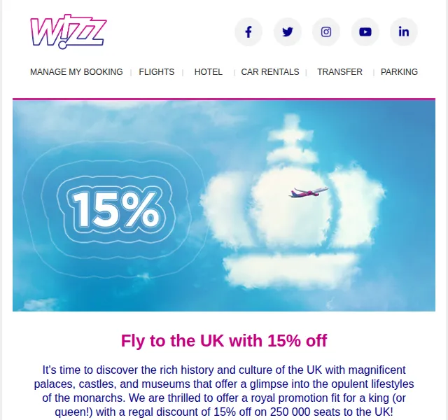 Wizz Air: 15% sleva na letenky do UK – červen 2026 | Nuslet.cz