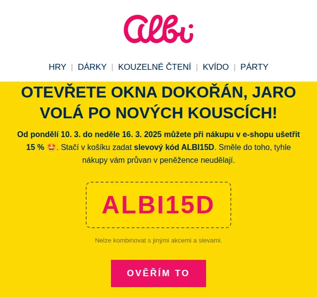 Albi: Sleva 15 % na celý nákup – březen 2026 | Nuslet.cz
