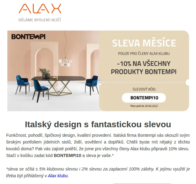 ALAX nábytek: až 17% sleva na Bontempi – červen 2026 | Nuslet.cz