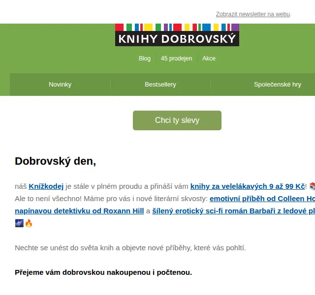 KnihyDobrovsky.cz: Novinky Colleen Hoover, Roxann Hill a slevy 9–99 Kč – červen 2026 | Nuslet.cz