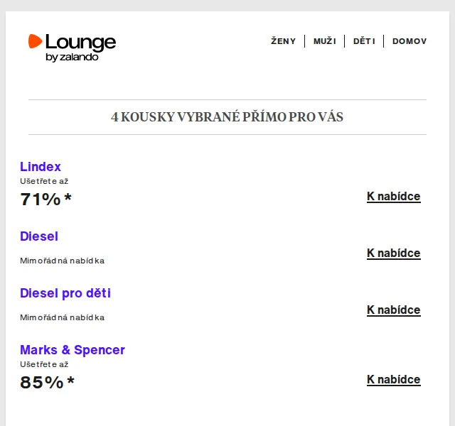 Lounge by Zalando: Diesel, Lindex, Marks & Spencer – až 85 % | Duben 2026