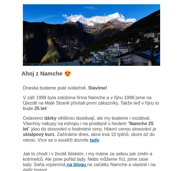 Namcheshop: 25 let – slosování o skialpový kurz – říjen 2026 | Nuslet.cz