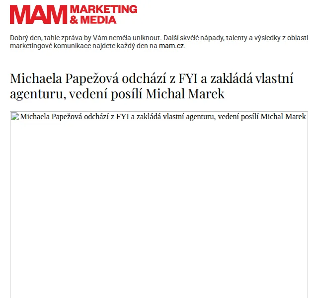 Marketing & Media: Michaela Papežová odchází z FYI | červen 2026 | Nuslet.cz