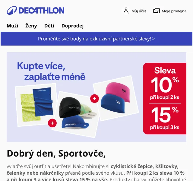 Decathlon: sleva 10–15 % na čepice a nákrčníky – srpen 2026