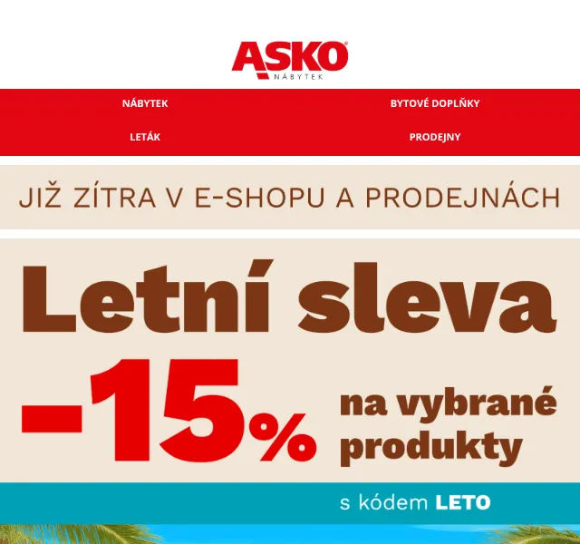 Asko Nábytek: sleva 15 % na nábytek – srpen 2026