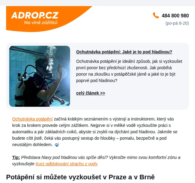 Adrop.cz: Ponor na zkoušku potápění od 1 290 Kč – červen 2026 | Nuslet.cz