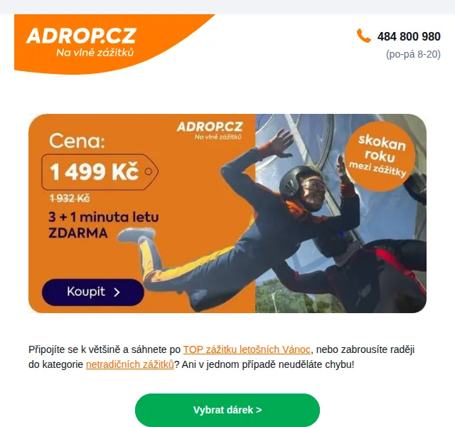 Adrop.cz: Let ve větrném tunelu od 1 399 Kč – červen 2026 | Nuslet.cz