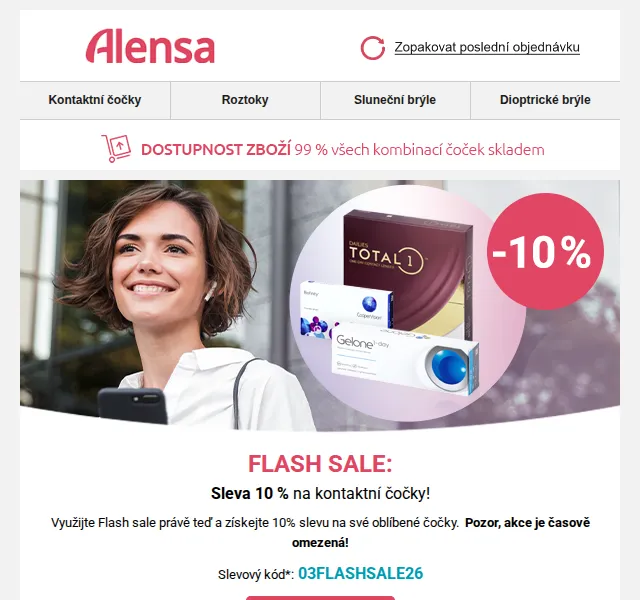 Alensa: Flash sleva 10 % na kontaktní čočky – červen 2026 | Nuslet.cz