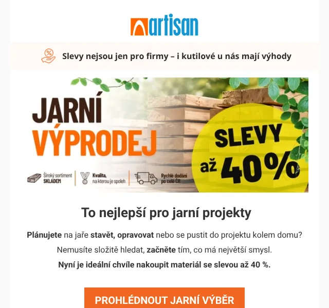 Artisan.cz: Jarní slevy až 40 % — duše, zahrada — duben 2026