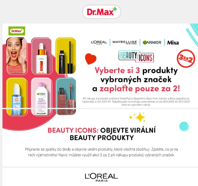 Dr.Max: Akce 3 za 2 na Loreal, Maybelline, Garnier a Mixa – září 2026 | Nuslet.cz