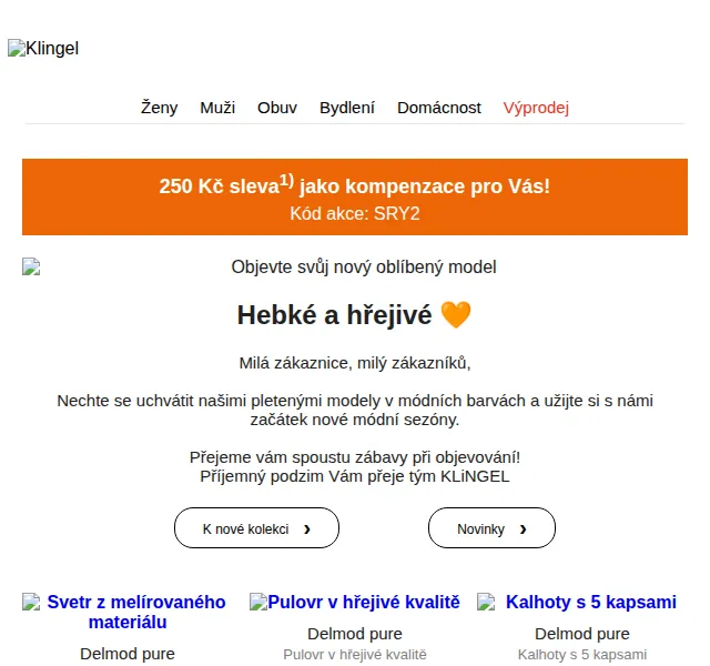 KLiNGEL: Pletená móda a sleva 250 Kč – červen 2026 | Nuslet.cz